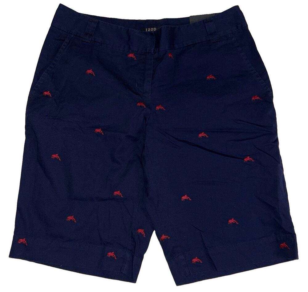 NWT IZOD Women's Navy Blue Embroidered Red Dolphins Size 2 Golf Shorts